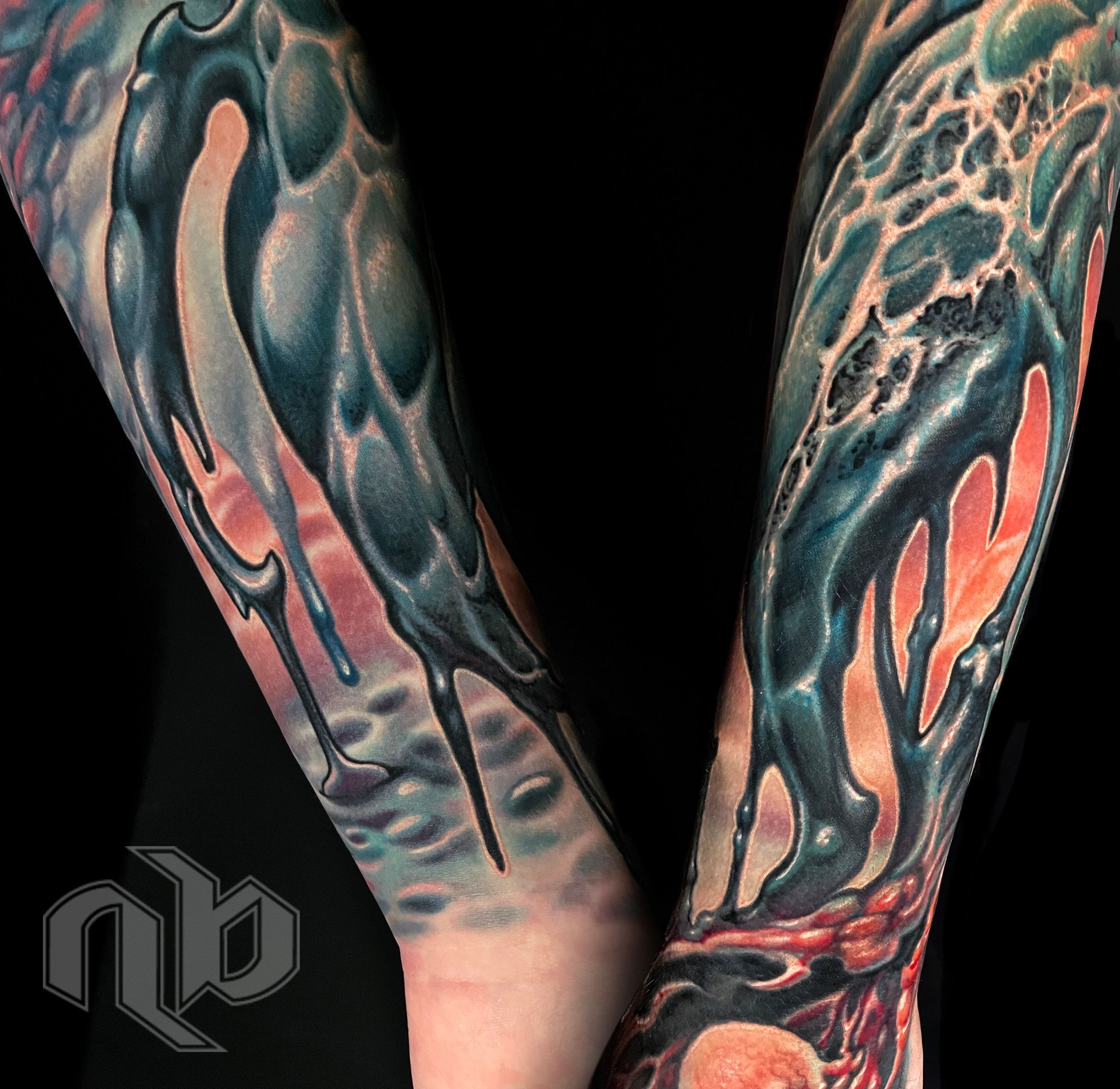 dripping oily sludgy color bio organic tattoo by Nick Baxter in Austin Texas