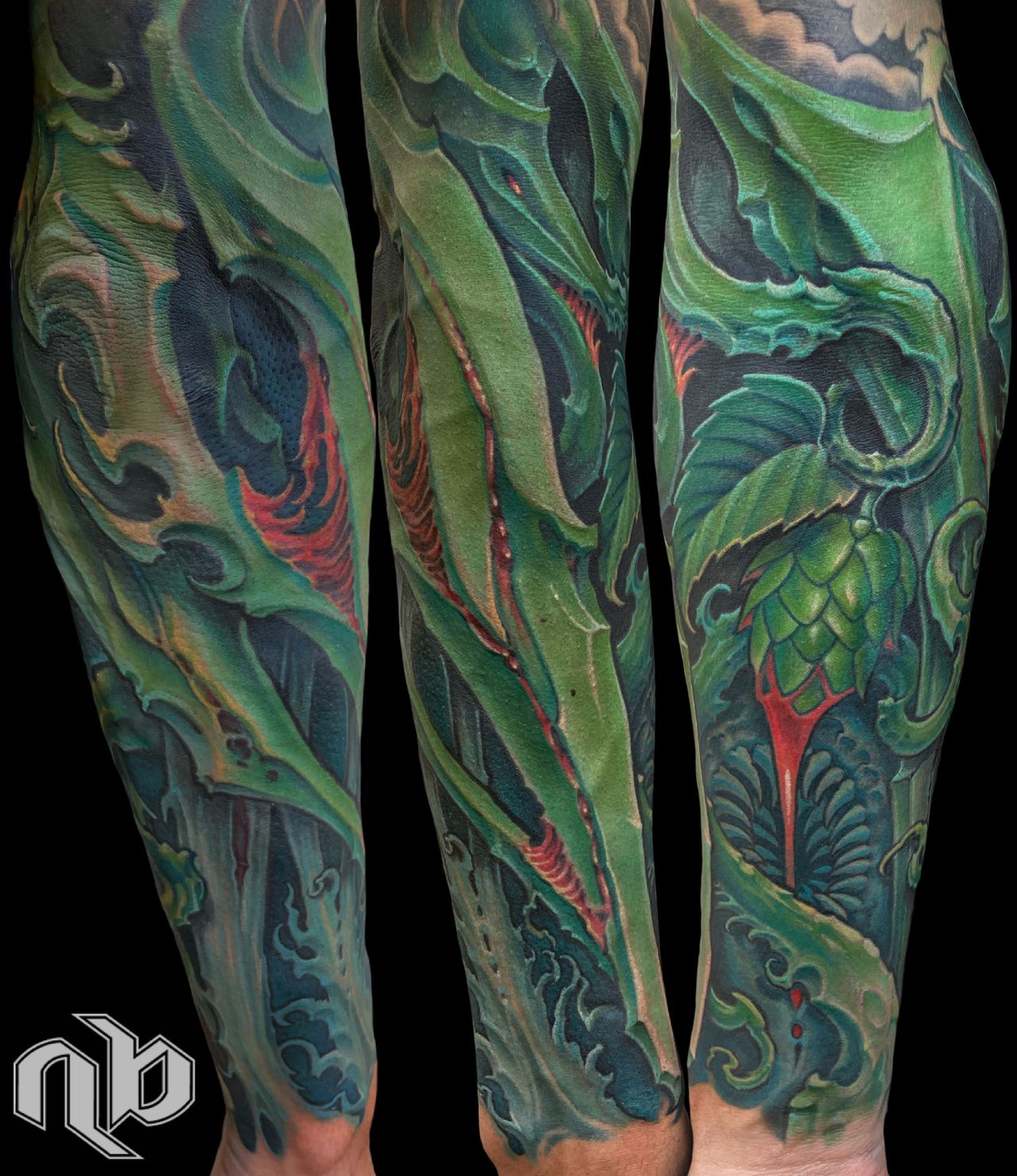 Three close views of an arm tattoo show layered green, teal, and black bio-organic hook forms with red accents and a tooth-lined circular mouth.