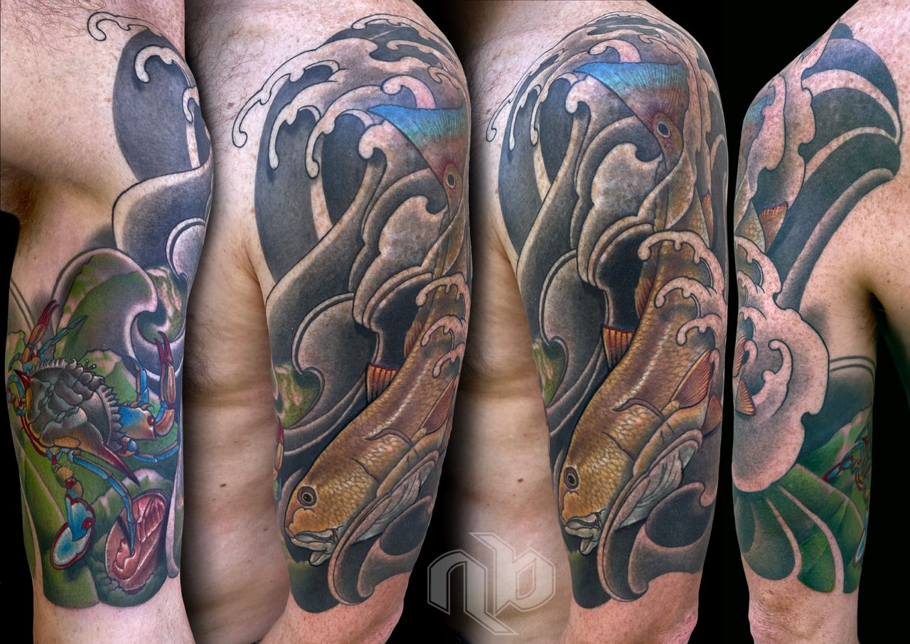 Five views show a colorful arm tattoo of curling dark waves surrounding golden fish and a blue-red crab.