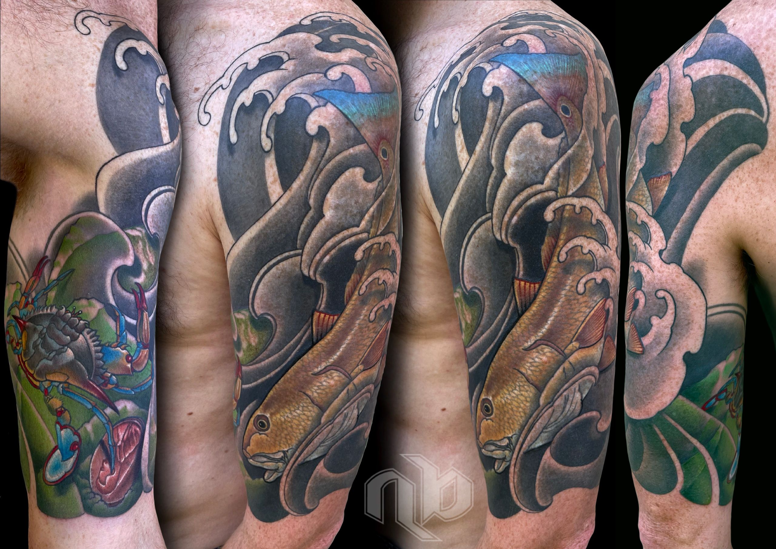 Five views show a colorful arm tattoo of curling dark waves surrounding golden fish and a blue-red crab.