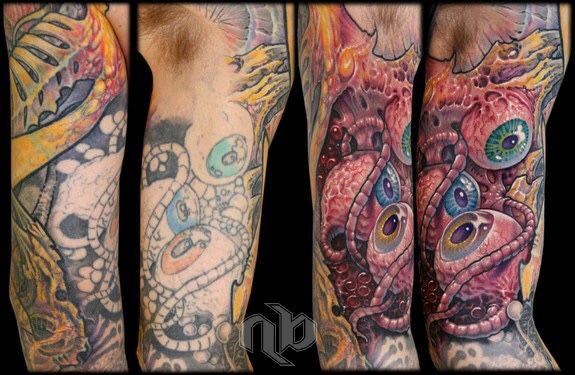 Four views of a medium arm tattoo feature layered fleshy forms, textured red flesh, and vivid green, purple, and yellow eyes.