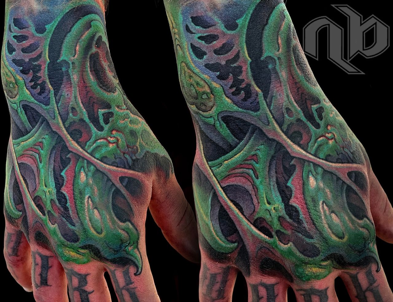 color bio organic tattoo on hand and neck