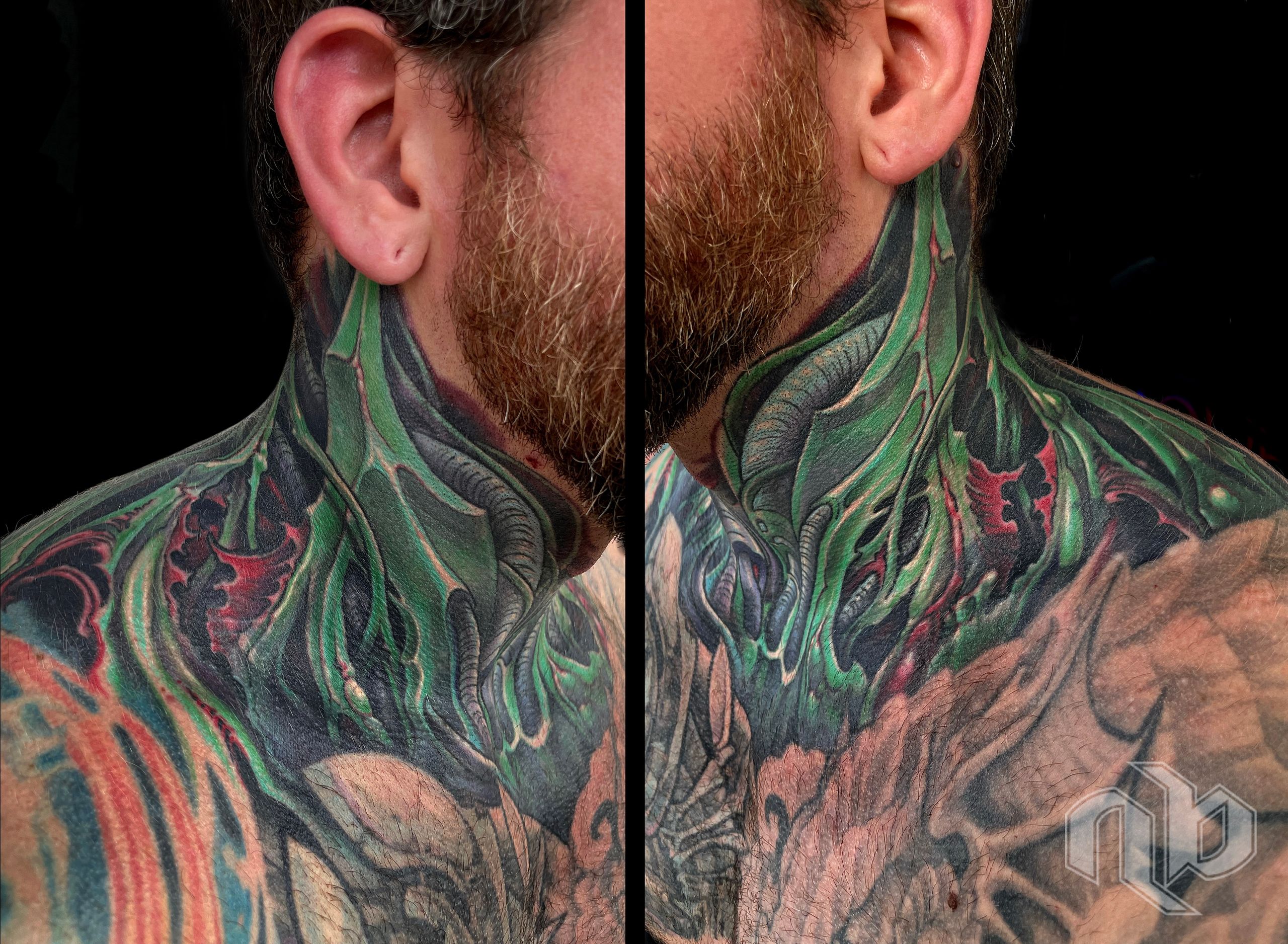 color bio organic tattoo on hand and neck