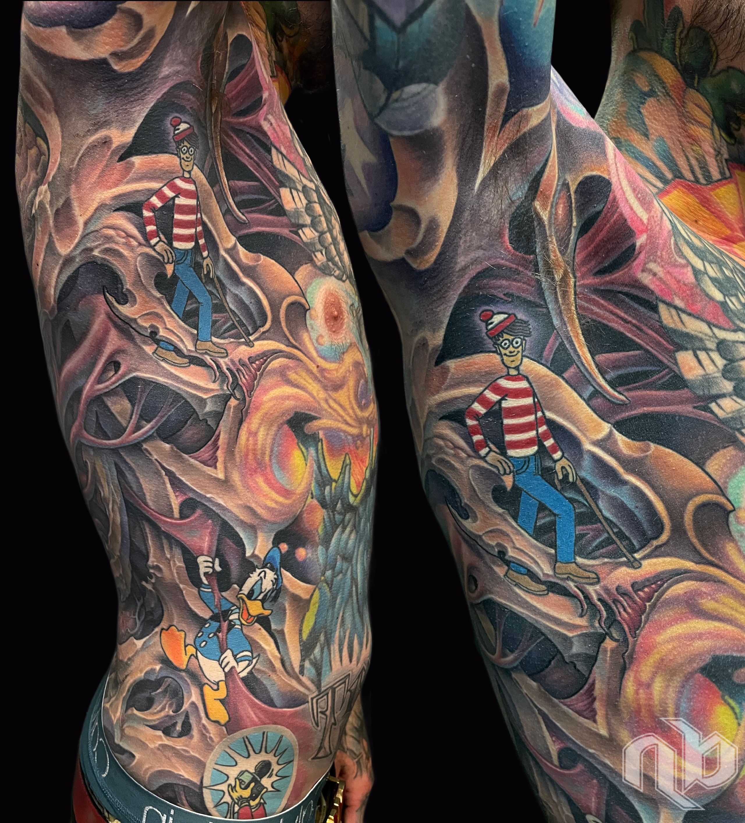 Two close side views show a large multicolored back and ribs tattoo with anatomical forms, skeletal details, and cartoon where's waldo figure and Donald Duck.