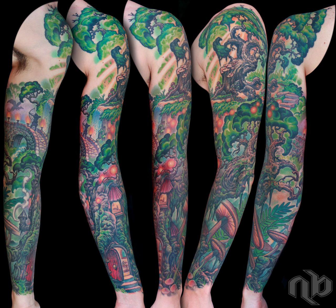 Five views show a large arm tattoo of a vivid green forest with gnarled trees, mushrooms, waterfalls, bridges, and tiny doors.
