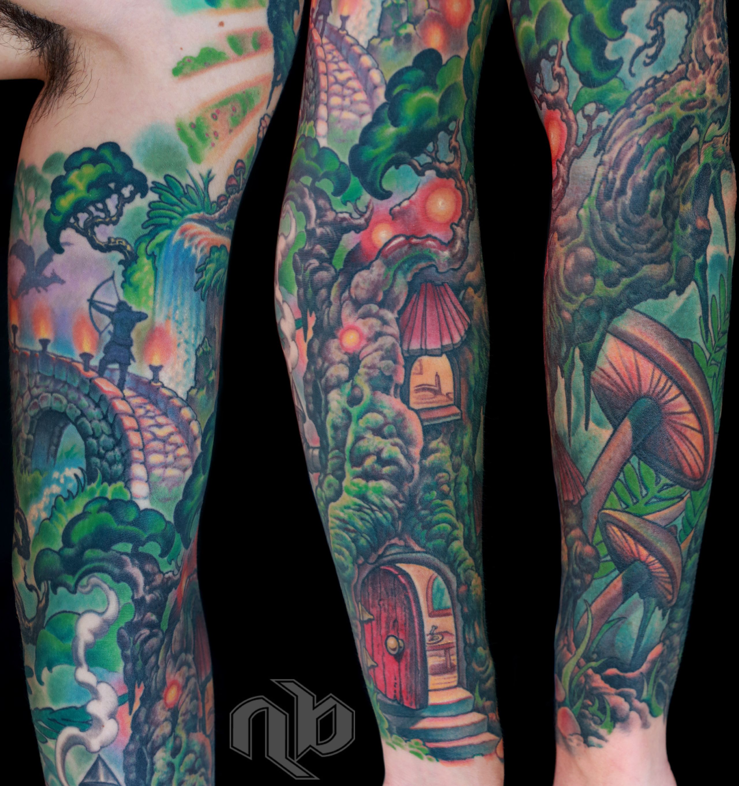 Three views of a large arm tattoo show a colorful forest with twisting trees, mushrooms, round door, a waterfall, and an archer silhouette.