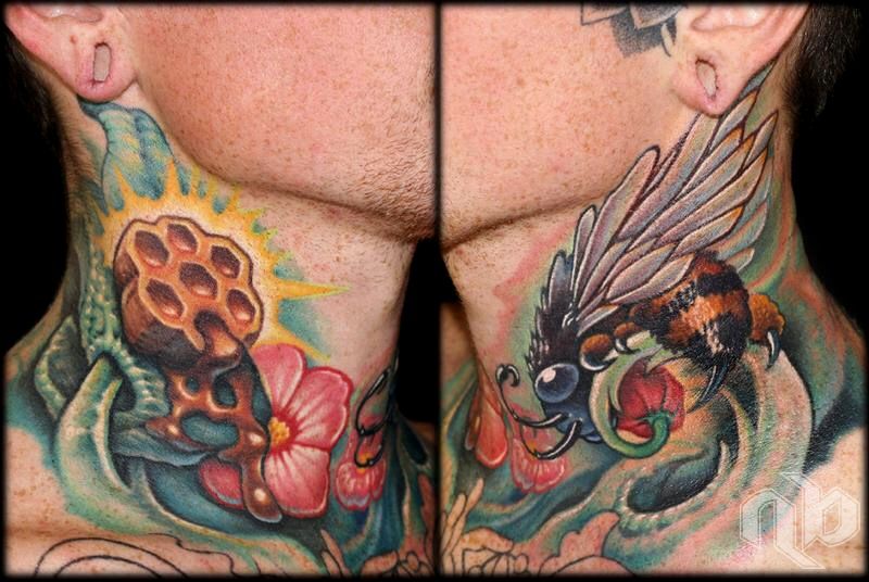 Two close-up side views of a tattooed neck show a winged honeybee, honeycomb, red flowers, and swirling green foliage.