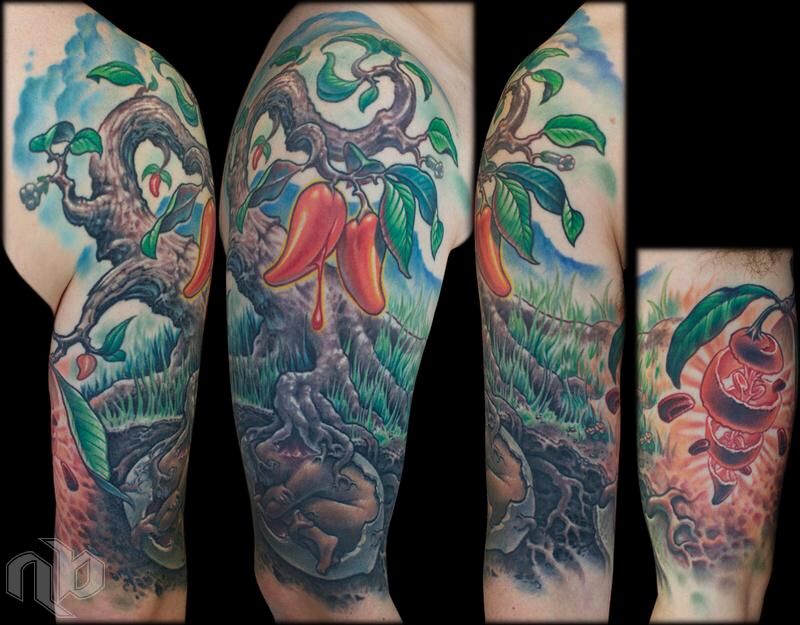 Four views of a colorful arm tattoo show a twisted tree with exposed roots, green leaves, red-orange pods, and blue shading.