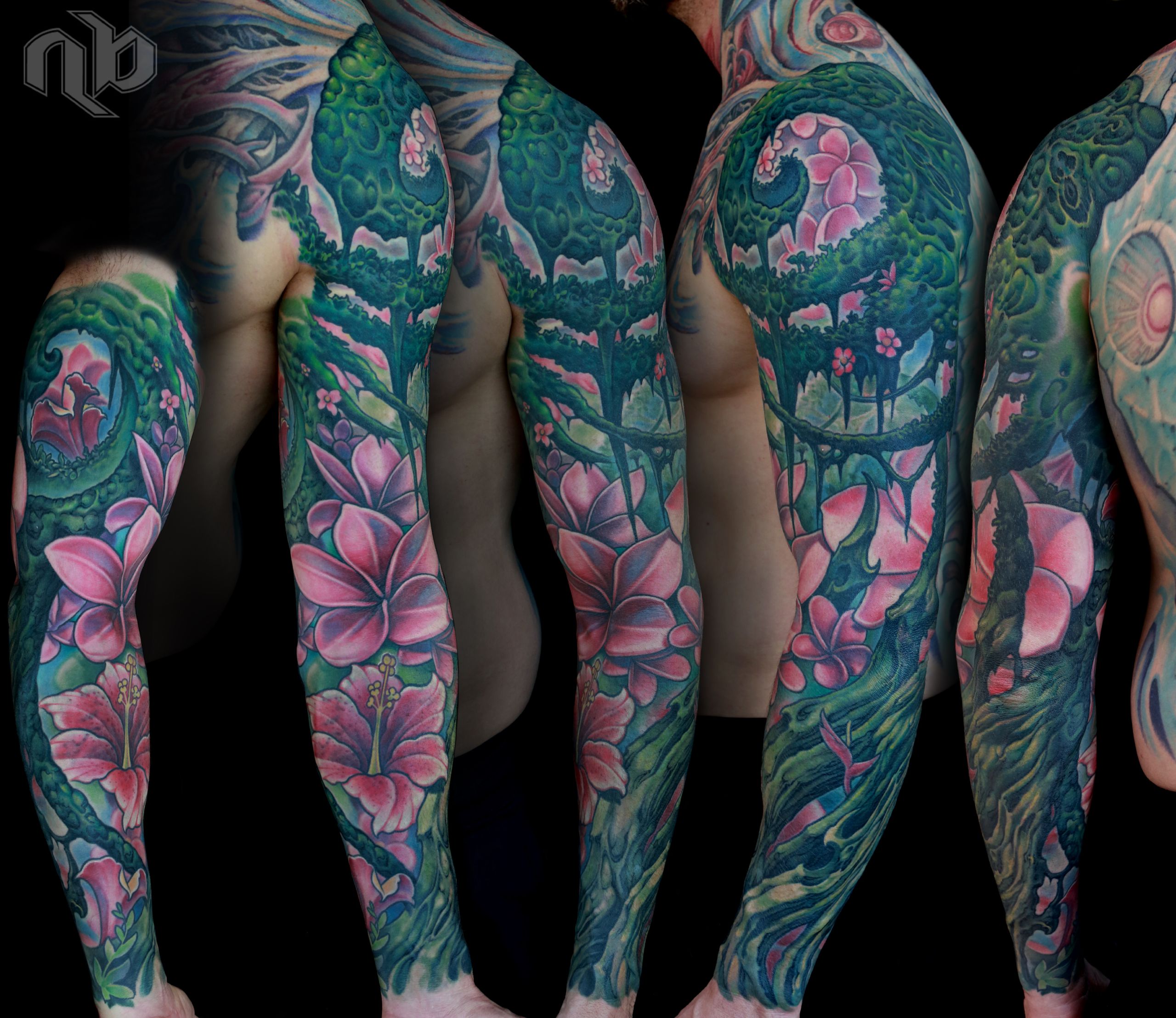 green vines and pink flowers bio organic tattoo sleeve coverup by nick baxter in austin texas