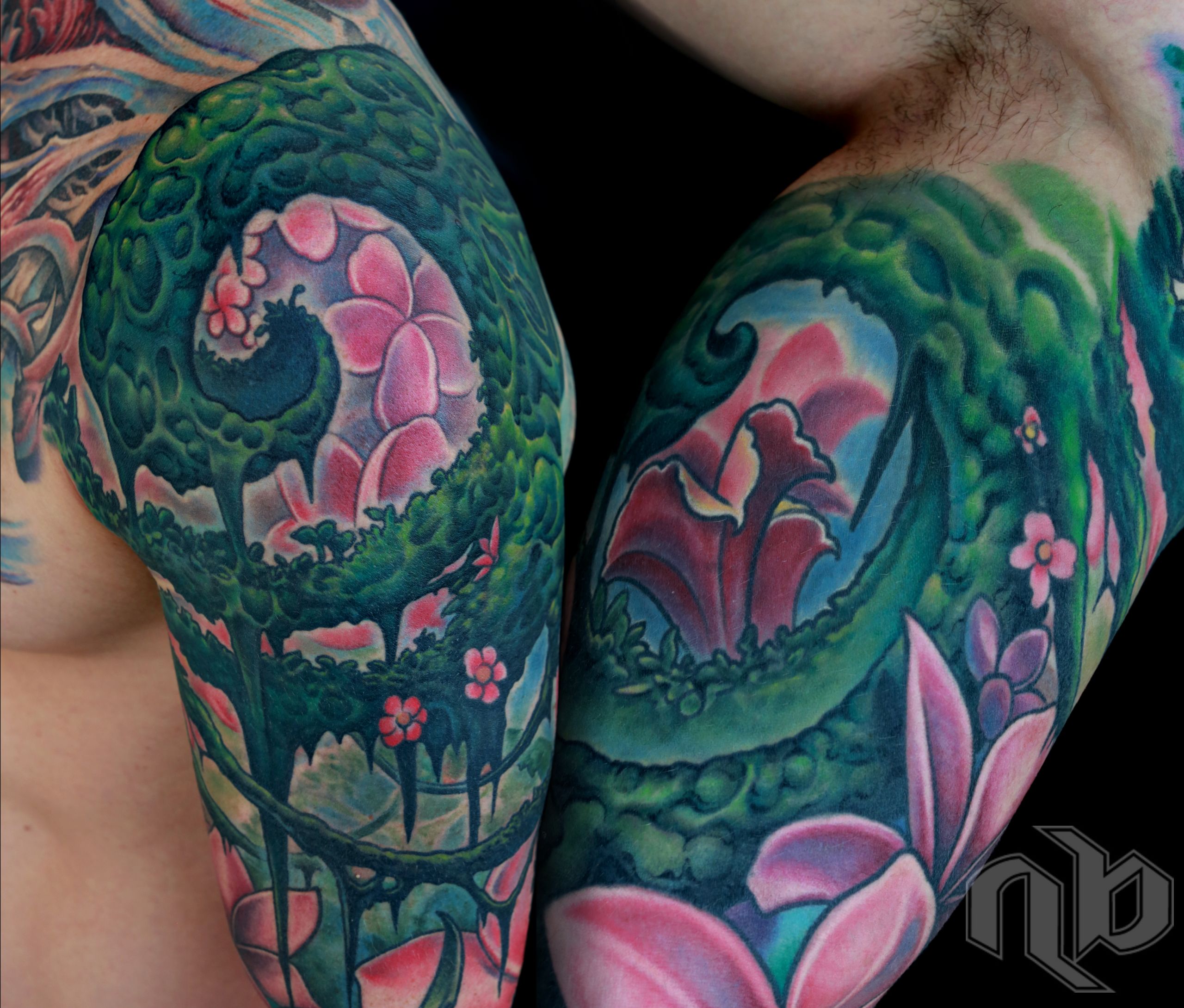green vines and pink flowers bio organic tattoo sleeve coverup by nick baxter in austin texas