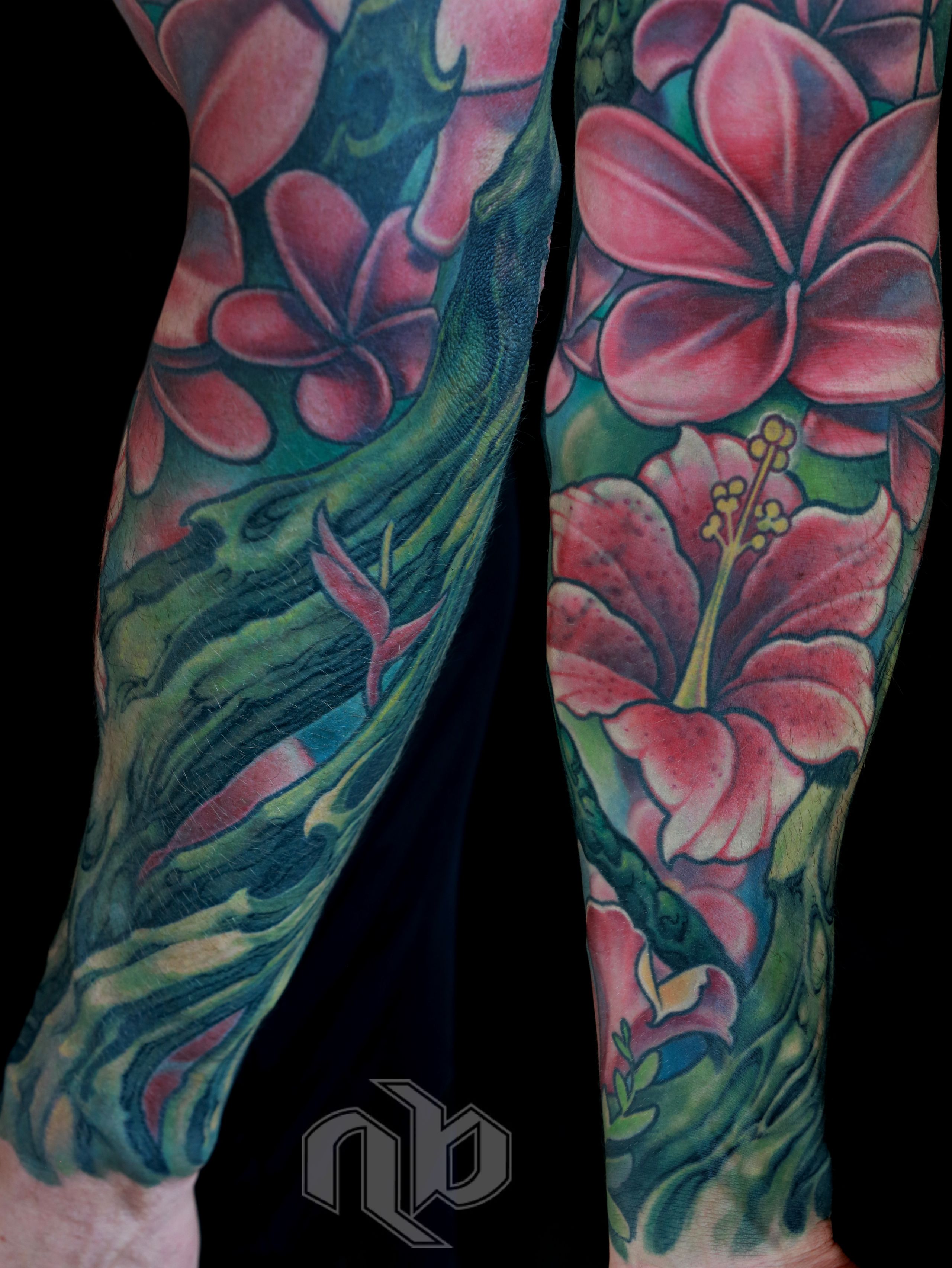 green vines and pink flowers bio organic tattoo sleeve coverup by nick baxter in austin texas