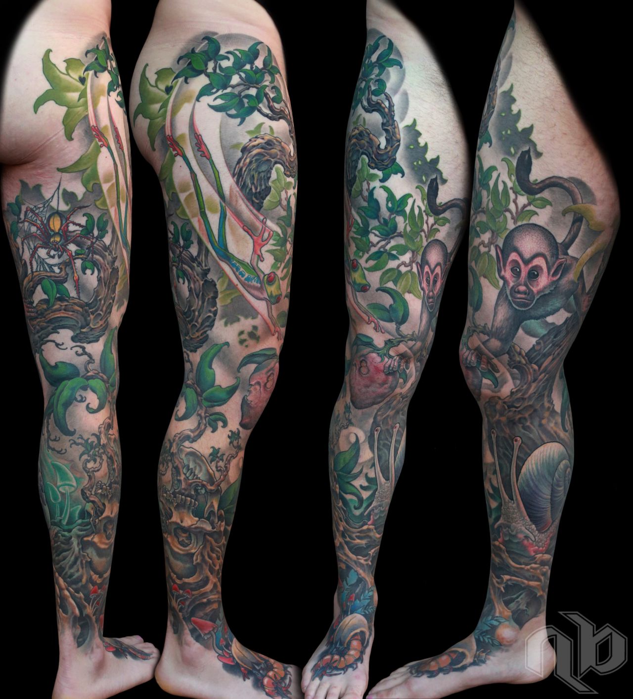 Four full-leg views show a colourful jungle tattoo with leafy branches, a long-legged frog, spider, monkey, snail, skulls, and mushrooms.