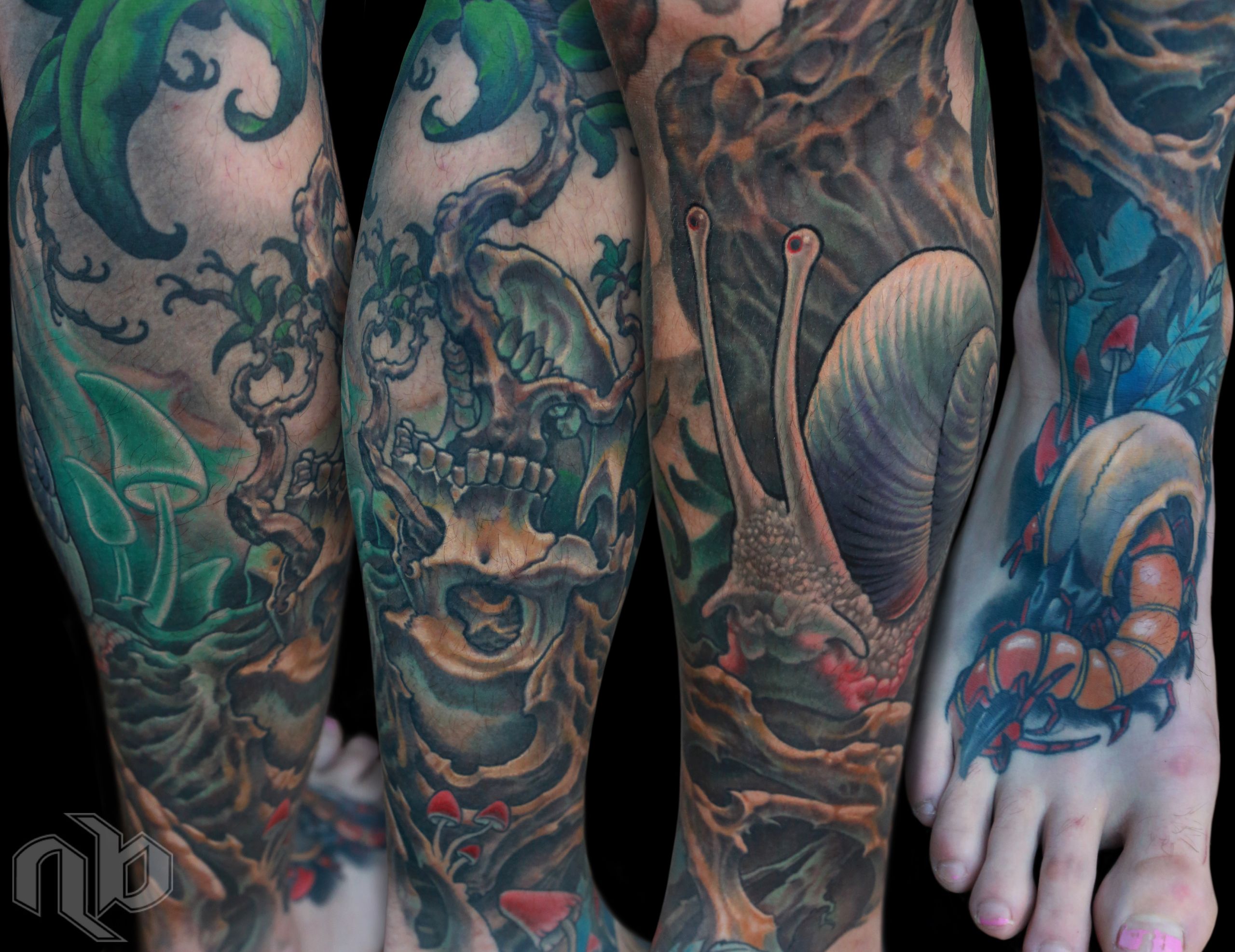 Four close views show a large leg tattoo featuring a horned skull, giant snail, leaves, mushrooms, branches, and an orange insect.