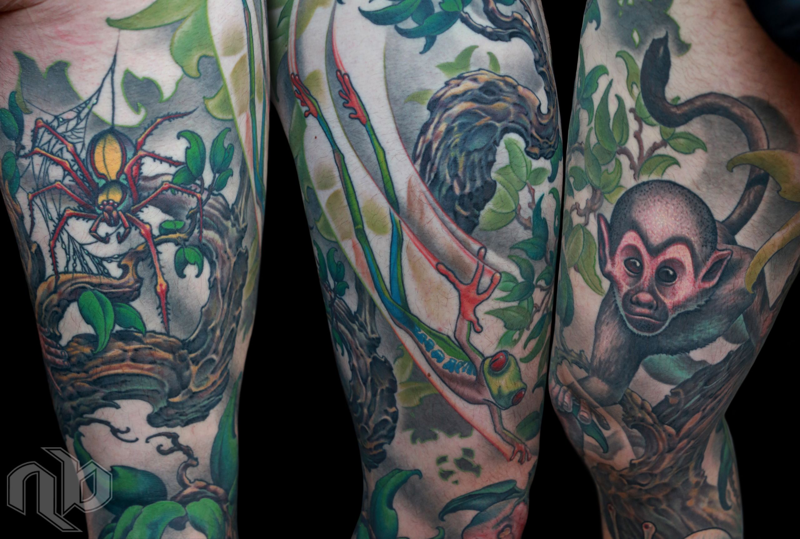 Three close views of a large colourful leg tattoo depict a spider, frog, monkey, and dense green jungle foliage.