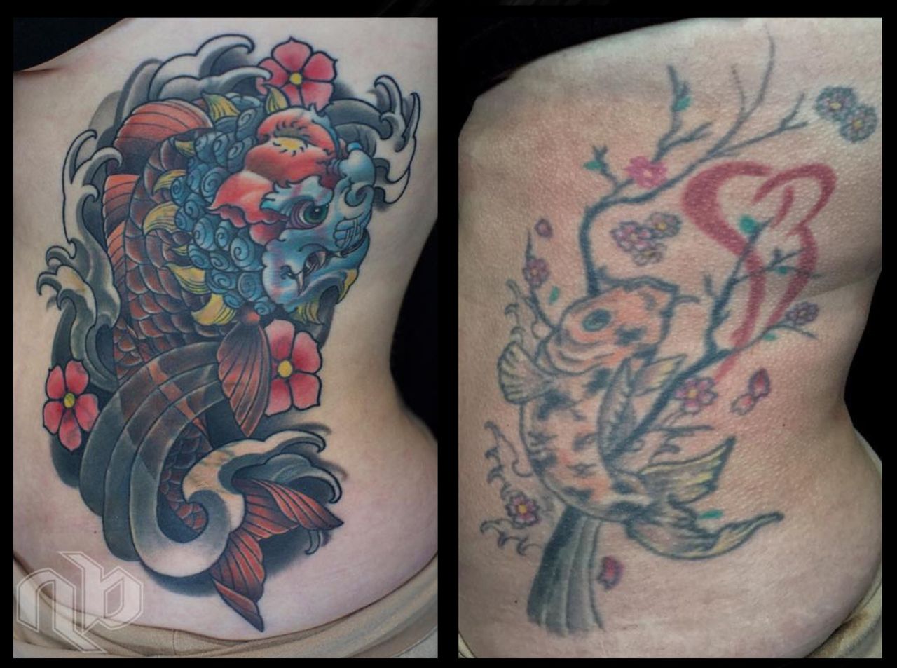 Side-by-side rib views show a vivid blue lion-headed koi among dark waves and red flowers beside a faded floral fish design.