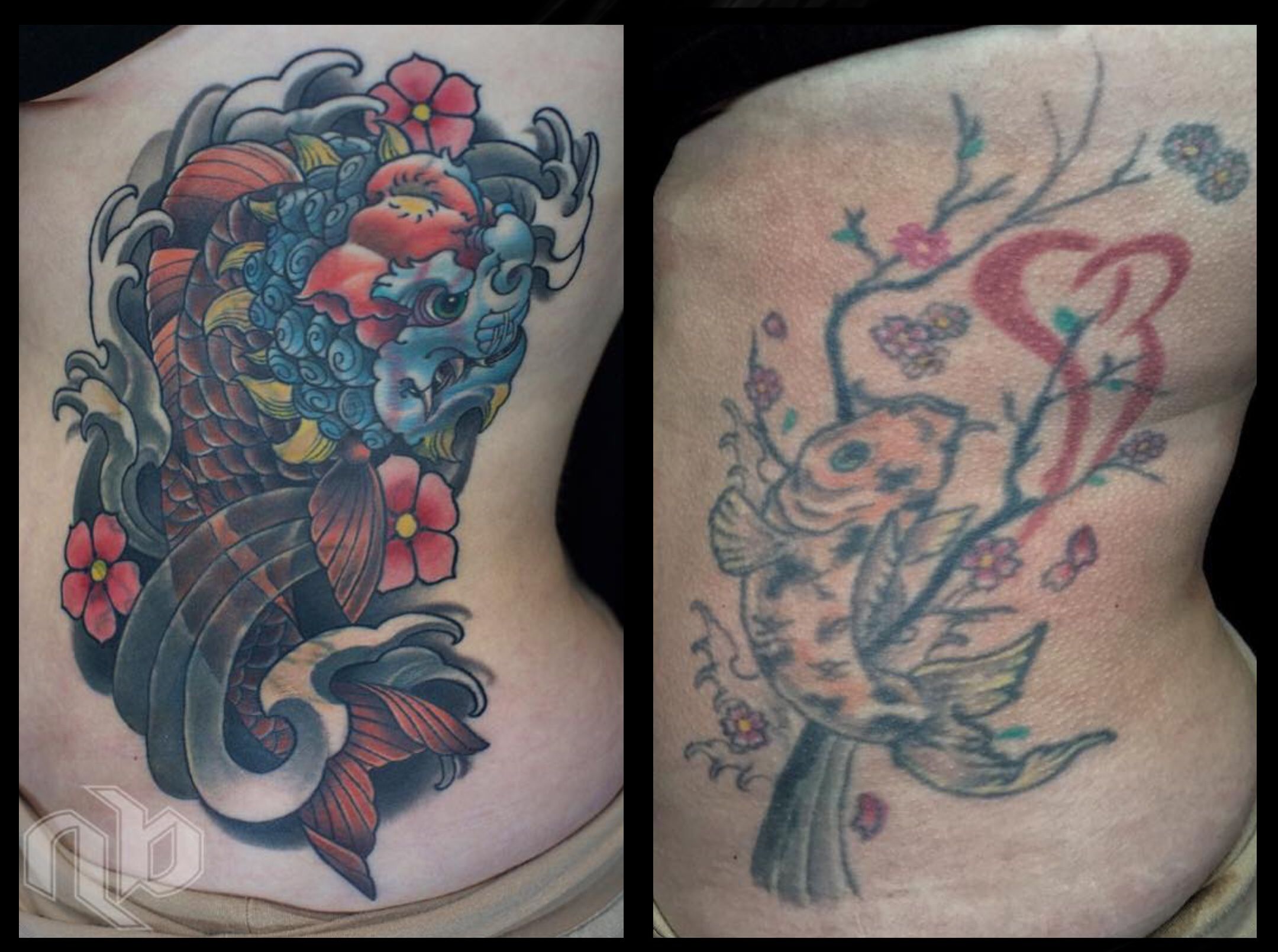 Side-by-side rib views show a vivid blue lion-headed koi among dark waves and red flowers beside a faded floral fish design.