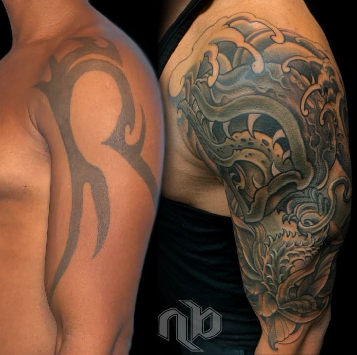 Side-by-side close views of an upper arm show a simple black curved tattoo and an elaborate venus flytrap creature surrounded by curling waves.