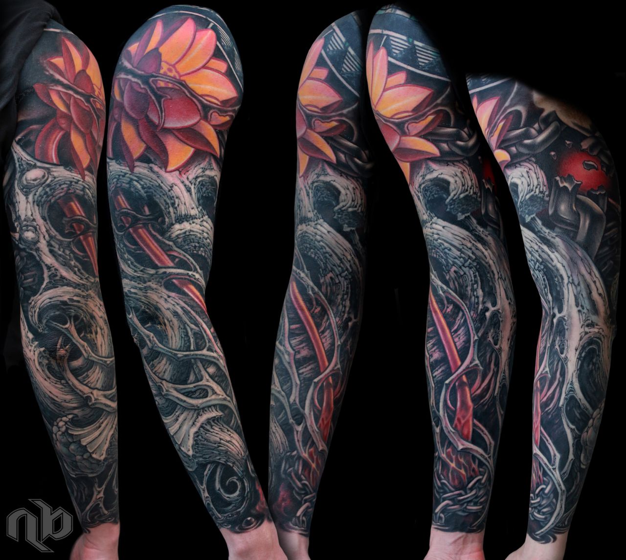 Five views show a large arm tattoo with orange-pink lotus petals, dark chains, and textured vine-like bio-organic forms.