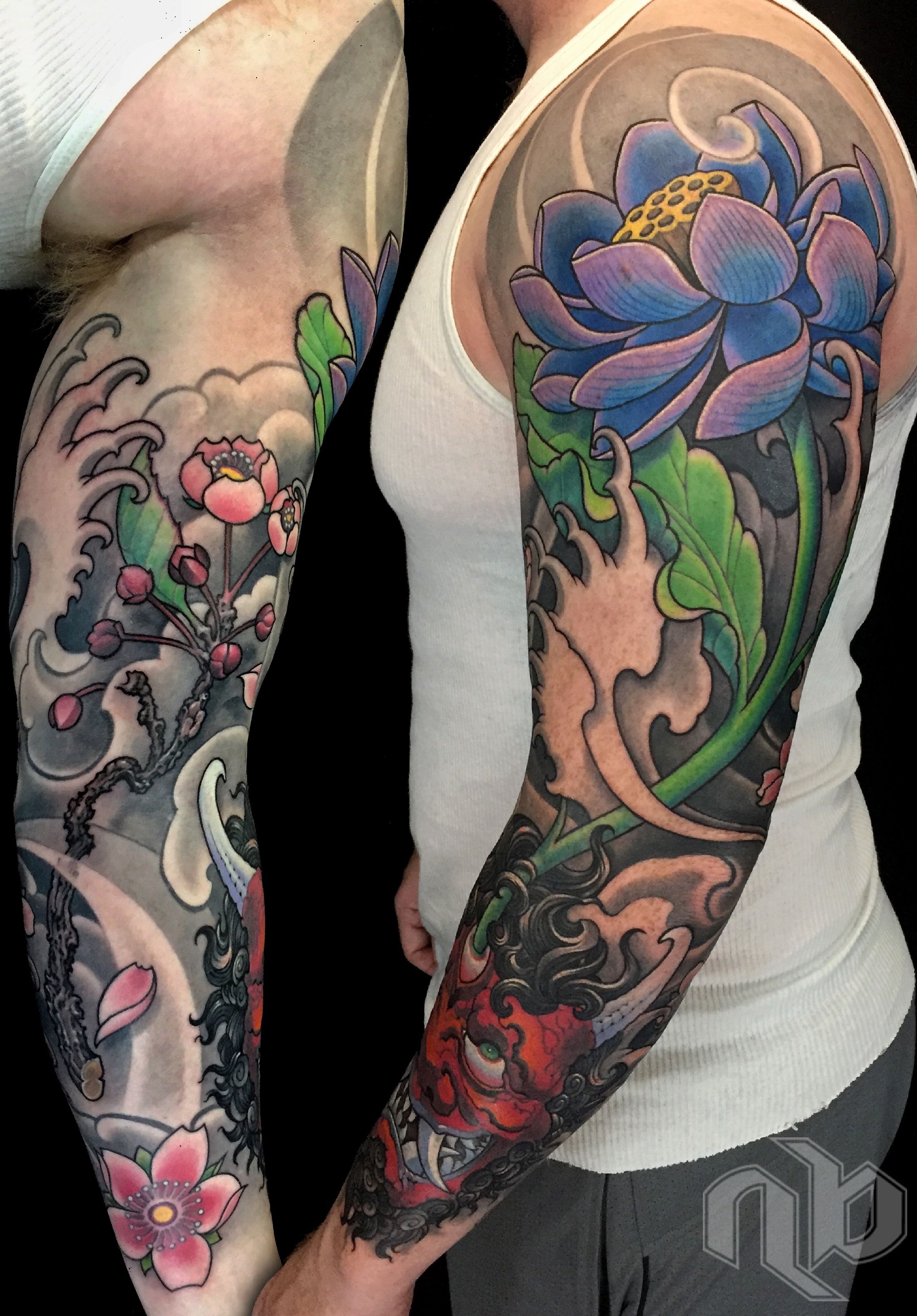 Two side-by-side arm views show a large tattoo with blue-purple lotus petals, green leaves, swirling waves, and a red fanged oni mask.