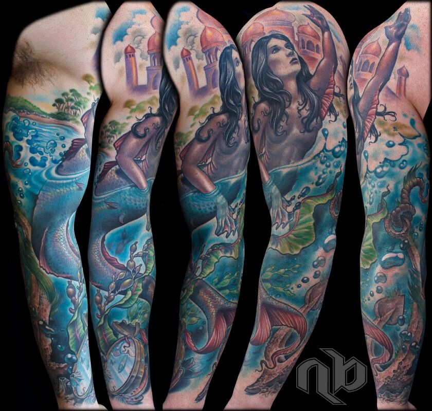 Five views show a large, colorful arm tattoo of a dark-haired mermaid amid blue waves, fish, shells, seaweed, and domed towers.