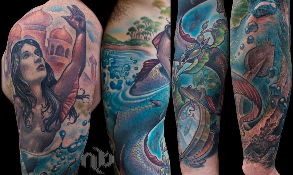 Four views of a large, colourful arm tattoo show a dark-haired mermaid, scaled tail, bubbles, fish, shells, and domed buildings.