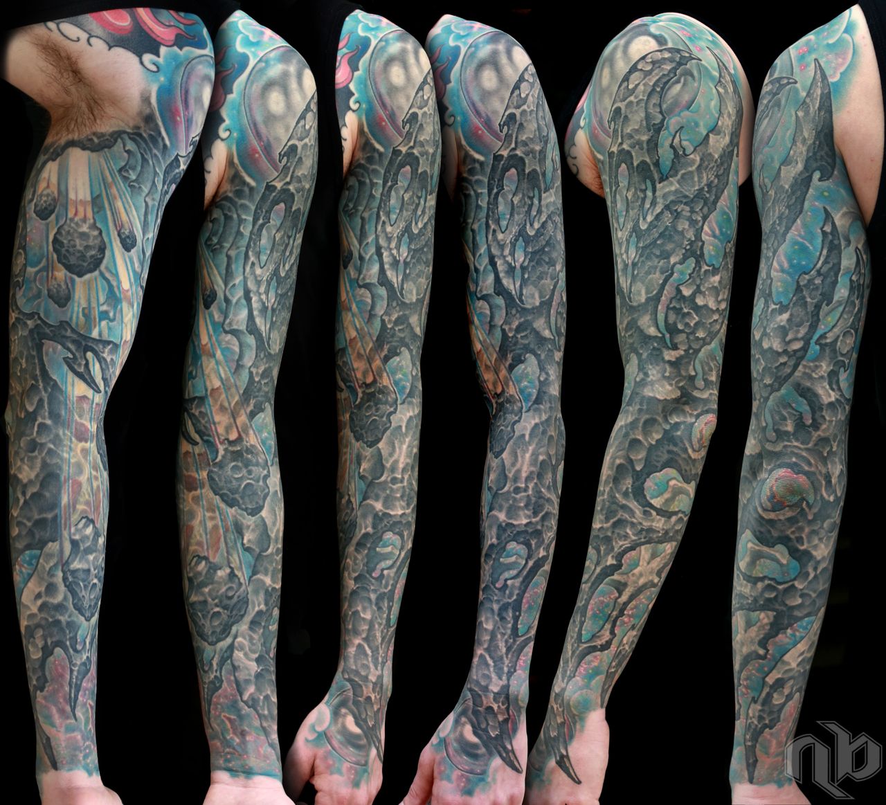 Six side-by-side views show a large arm tattoo of dark bio-rganic rocky forms, cratered spheres, and teal, grey, pink, and orange accents.