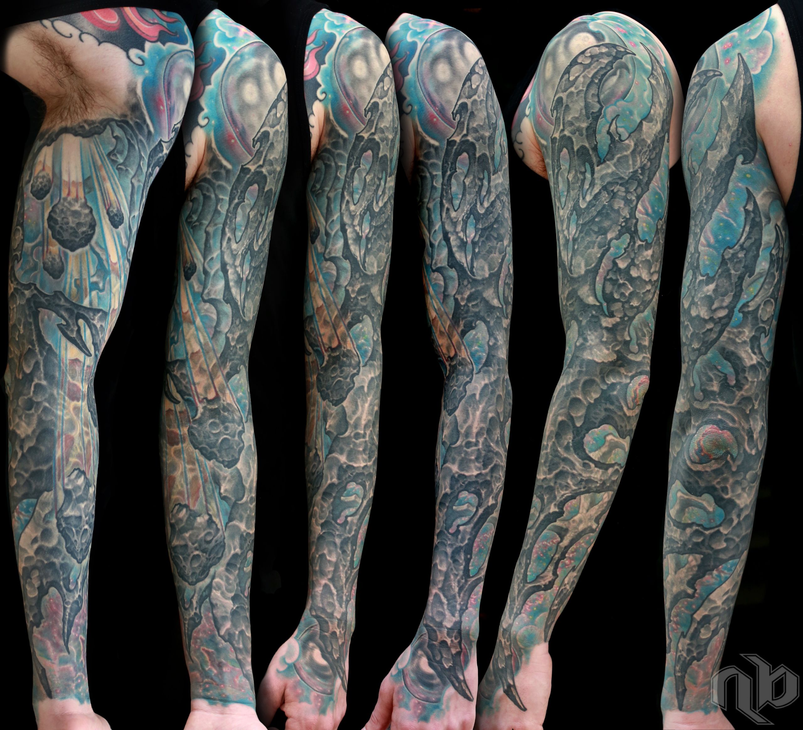 Six side-by-side views show a large arm tattoo of dark bio-rganic rocky forms, cratered spheres, and teal, grey, pink, and orange accents.