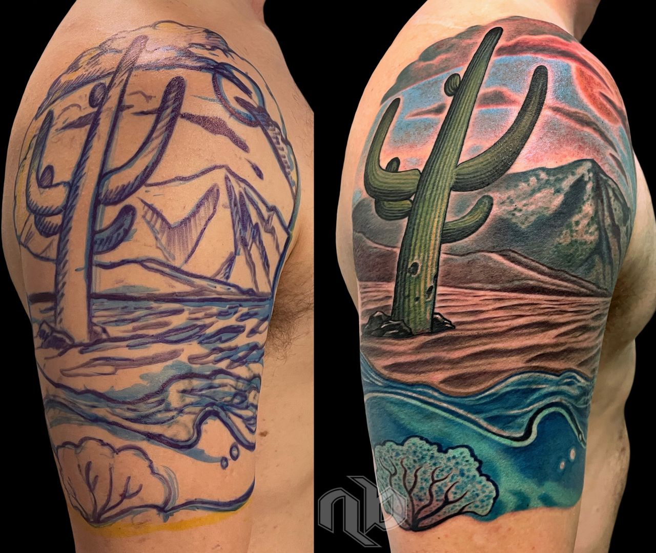 Side-by-side arm views show outlined and then finished nature tattoo combining green cacti, mountains, red desert, blue waves, and a tree.