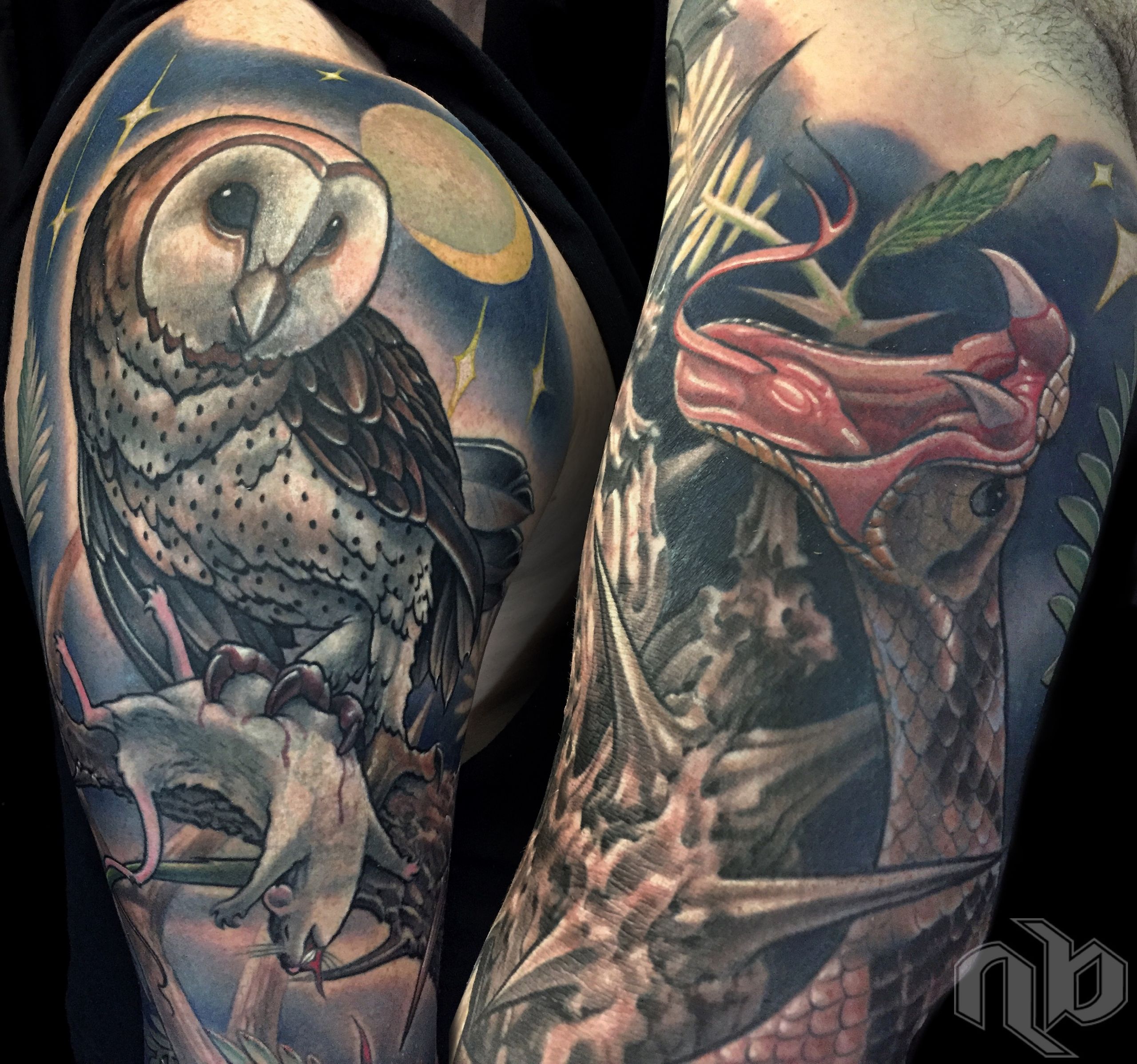 color tattoo of texas owl eating a rodent and texas rattlesnake attacking nature sleeve by nick baxter in austin texas