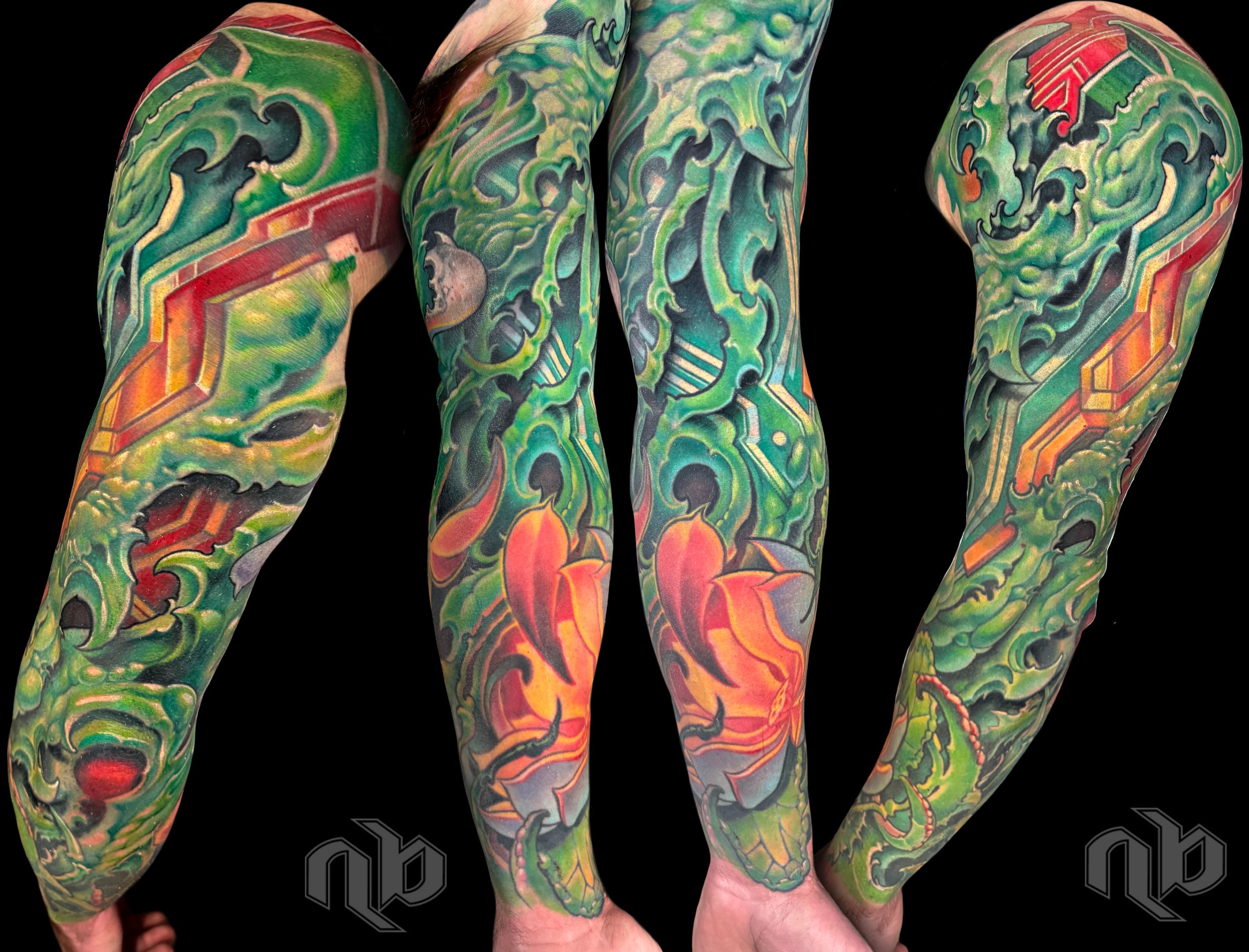 textured bio-organic color tattoo sleeve with lotus flower, vines, circuits, and complex coverup by Nick Baxter in Austin Texas