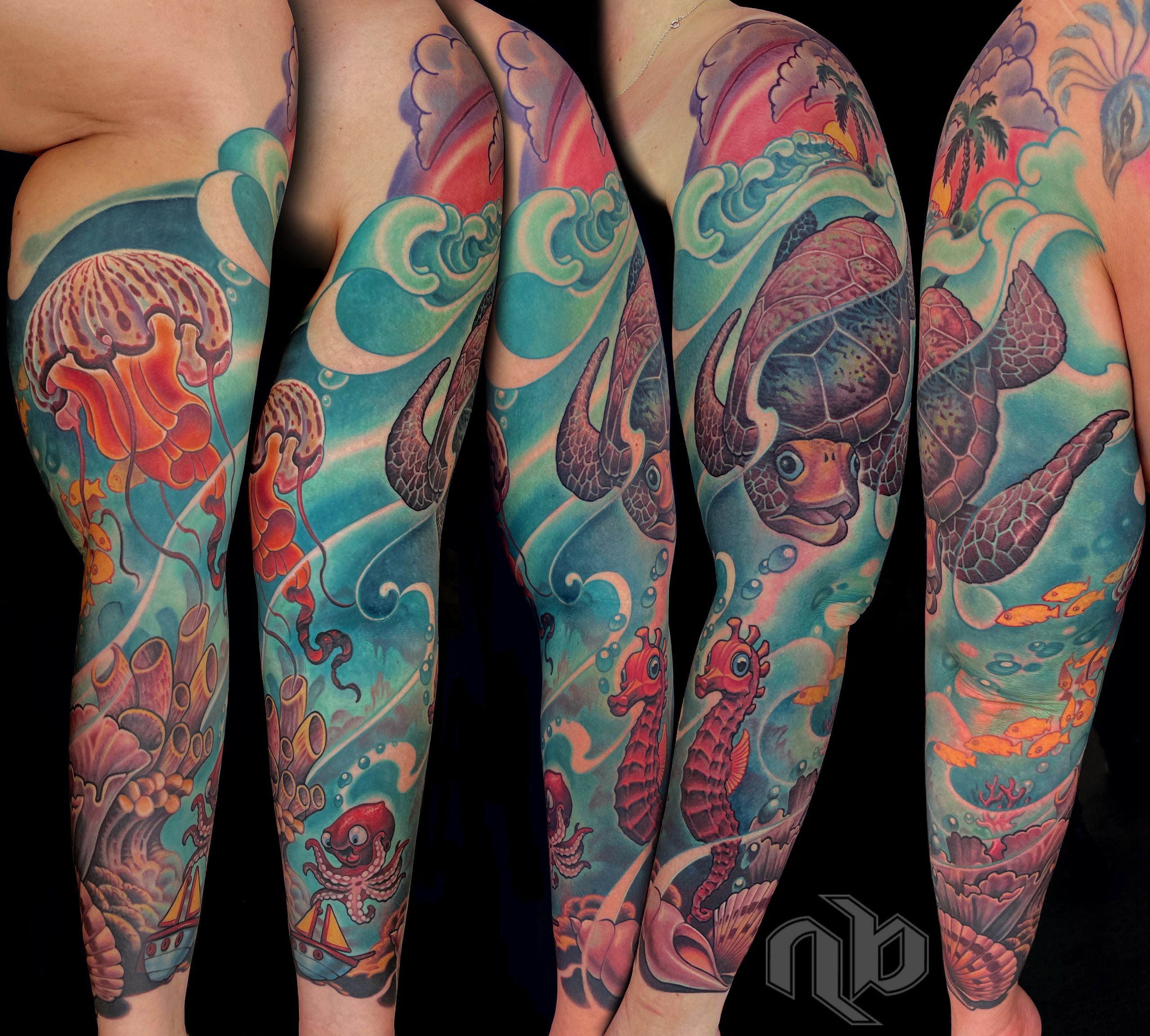 Multiple views of a large arm tattoo show a sea turtle, jellyfish, seahorse, octopus, fish, coral, and curling turquoise waves in vivid pinks and oranges.