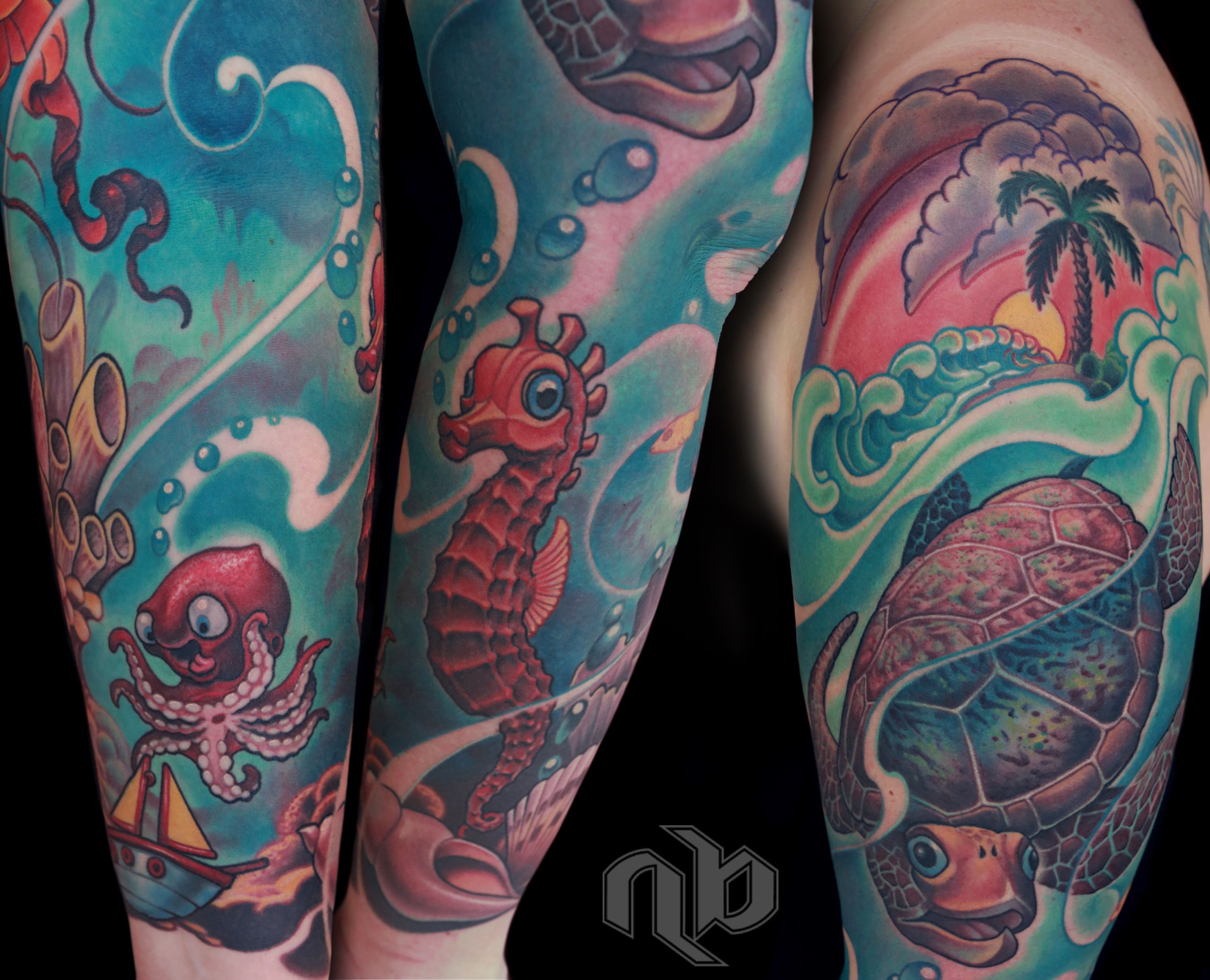 Three views of a large, colorful arm tattoo feature a red octopus, seahorse, sea turtle, curling teal waves, and a palm island.