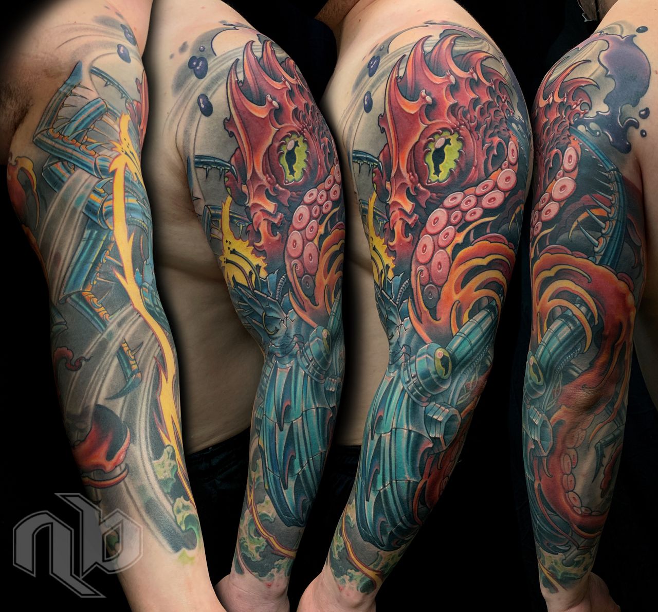 Composite view of a large arm tattoo featuring a red octopus with green eyes battling a blue mechanical octopus, amidst grey waves, lightning bolts, and bubbles.