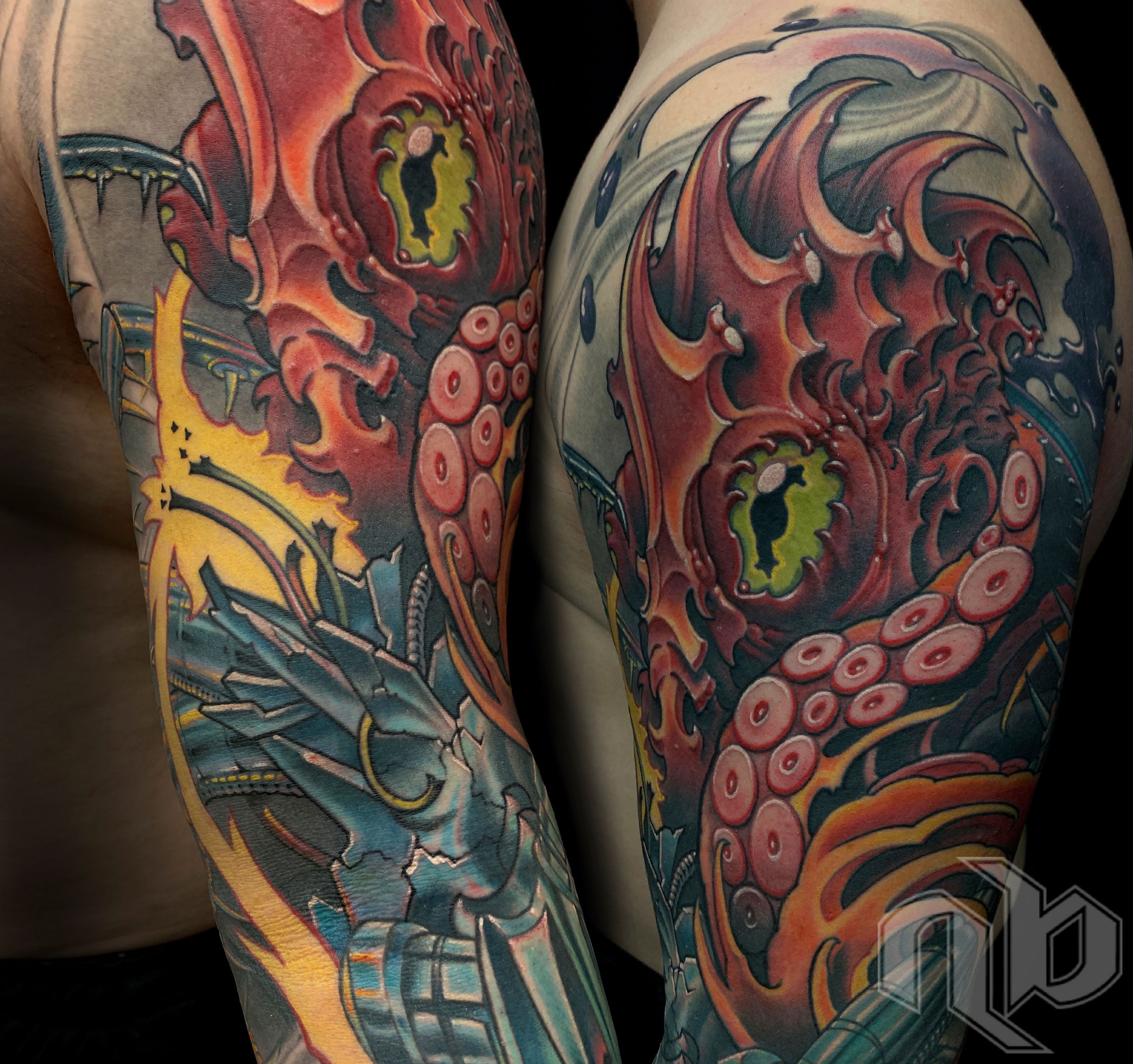 Two close views show a large arm tattoo of a red octopus with green eyes, pink suckers, flames, and blue mechanical forms.
