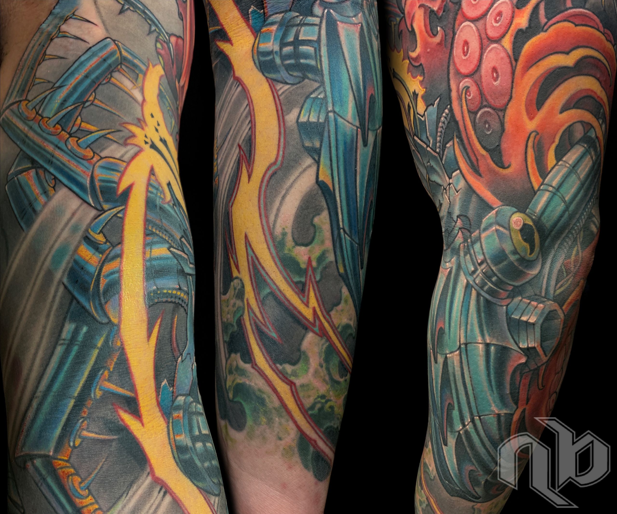 Three close views show a large arm tattoo with blue mechanical armor, yellow lightning bolts, and curling orange-red tentacles against black.