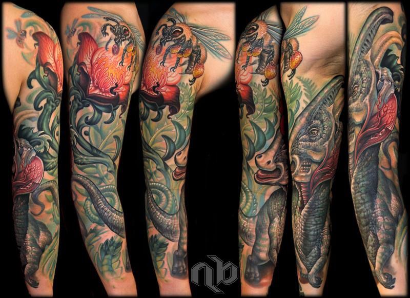 Six views show a large arm tattoo of a crested dinosaur amid red flowers, green foliage, and a winged insect.
