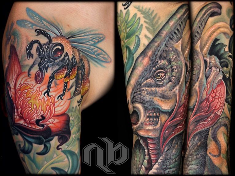Three close-up views of a colorful arm tattoo show a large bee on a red flower and two angles of a crested dinosaur.