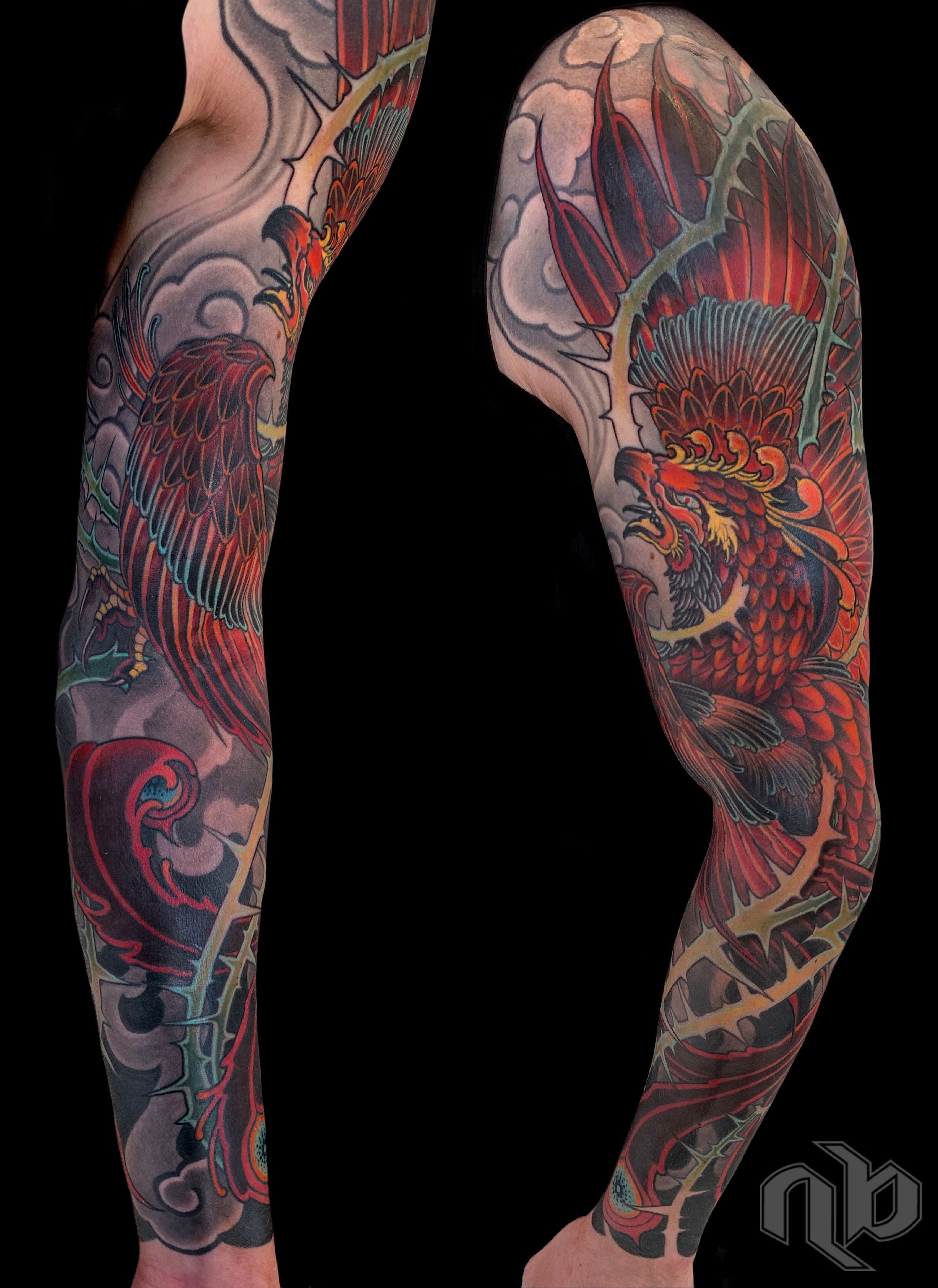 Two views show a large arm tattoo of a red-orange phoenix amid grey clouds and green thorny branches against black.