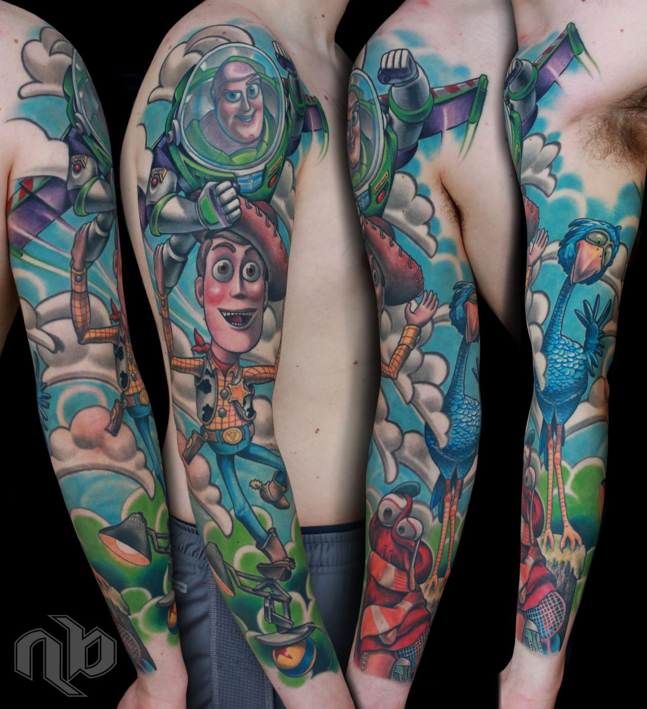 Composite views of a large arm tattoo featuring Buzz Lightyear, Woody, Mr. Potato Head, and other Pixar movie characters in vivid blue, green, and purple.