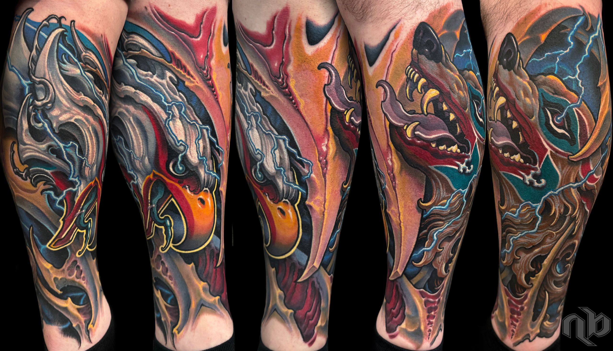 Bio organic style color tattoo with an eagle and wolf head homage to native american tribes of the pacific northwest