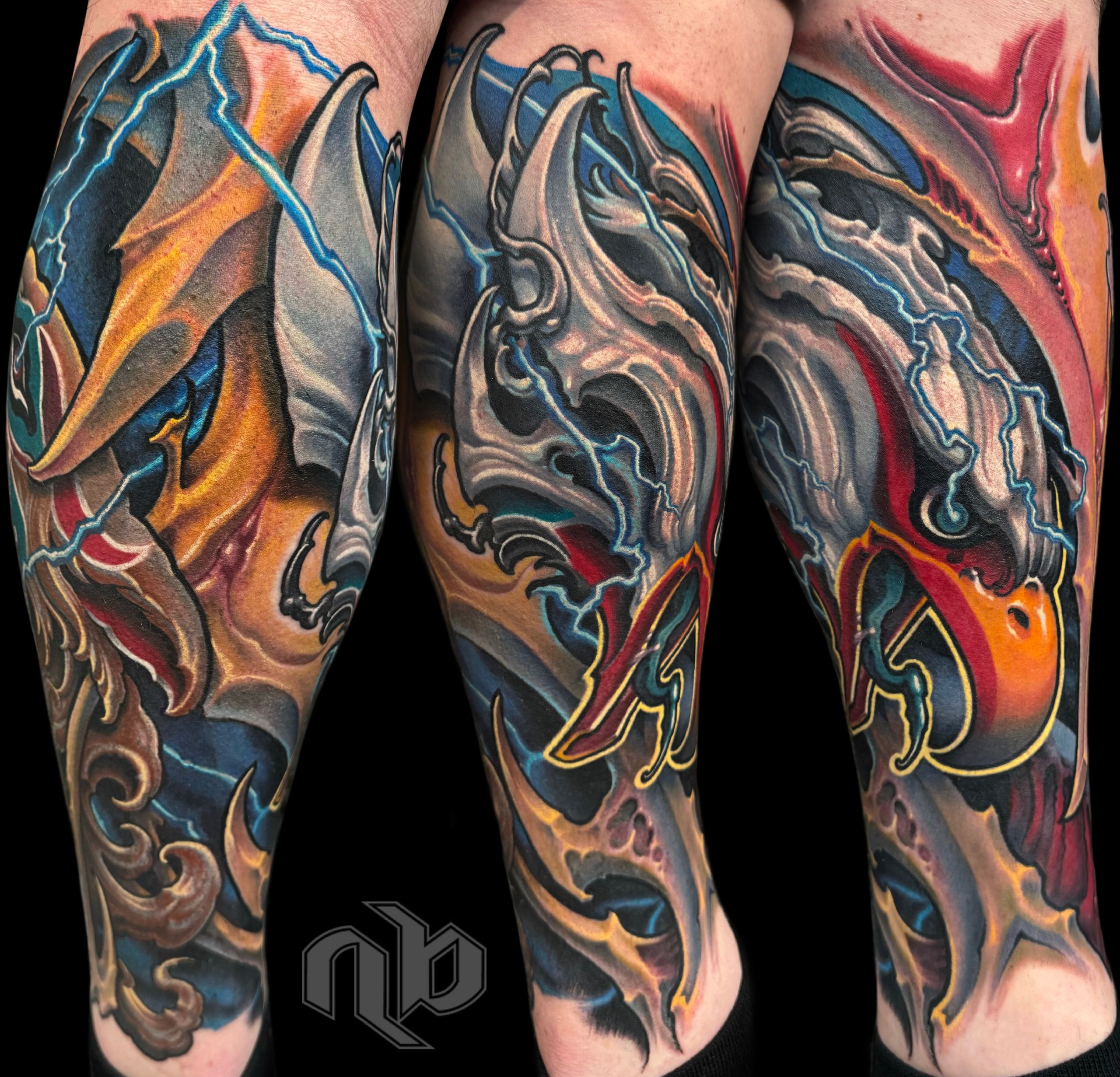 Bio organic style color tattoo with an eagle and wolf head homage to native american tribes of the pacific northwest