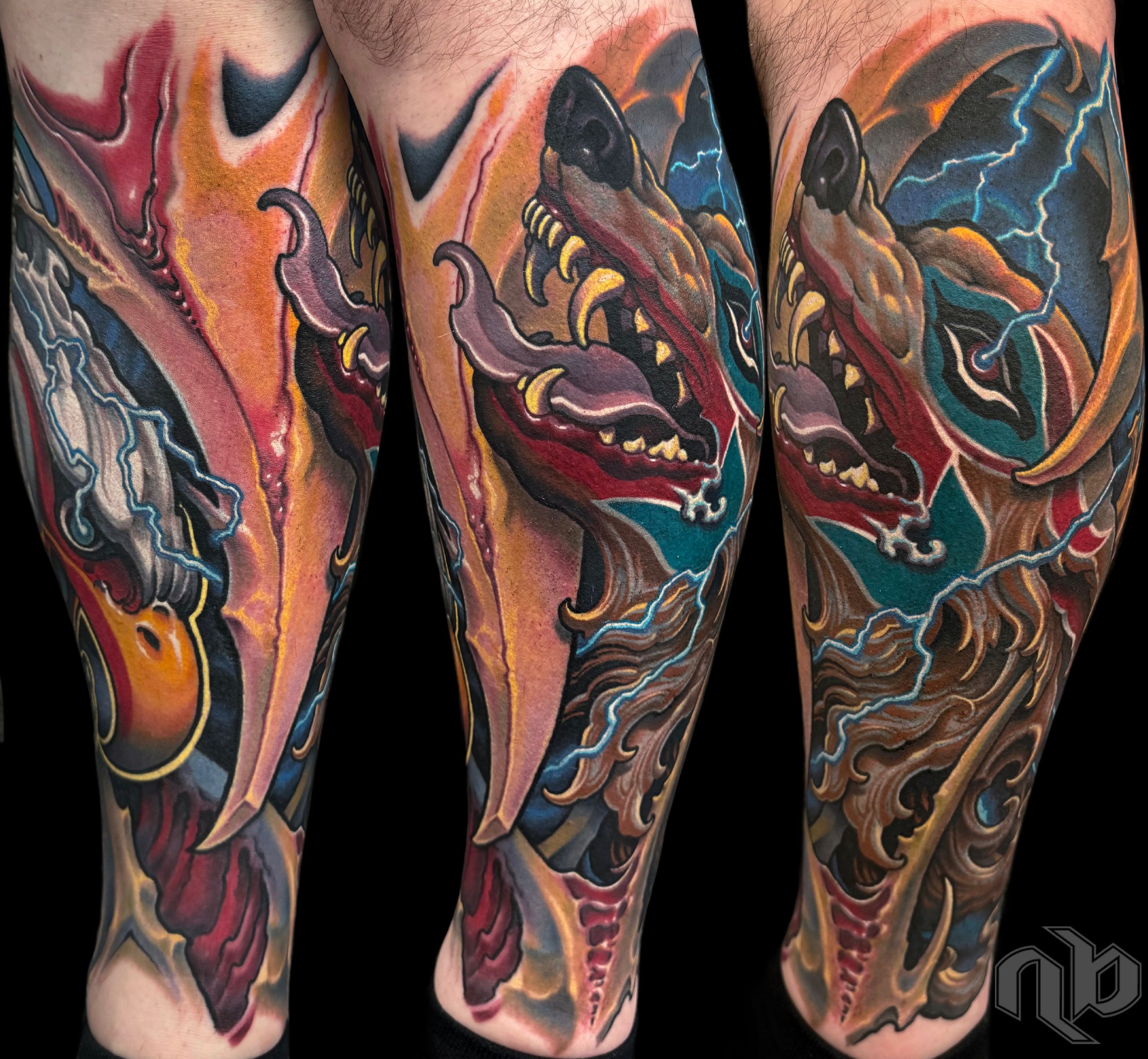 Bio organic style color tattoo with an eagle and wolf head homage to native american tribes of the pacific northwest