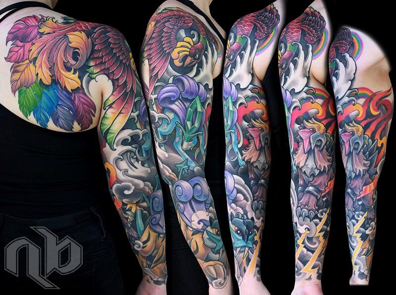 Five views show a large, vividly colored arm tattoo of bird and beast Pokémon amid swirling clouds, waves, flames, and rainbows.