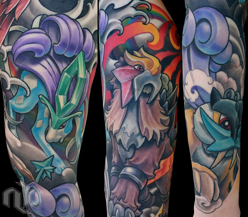Three views of a large arm tattoo show colorful Pokémon creatures surrounded by swirling purple clouds, flames, and bold black outlines.