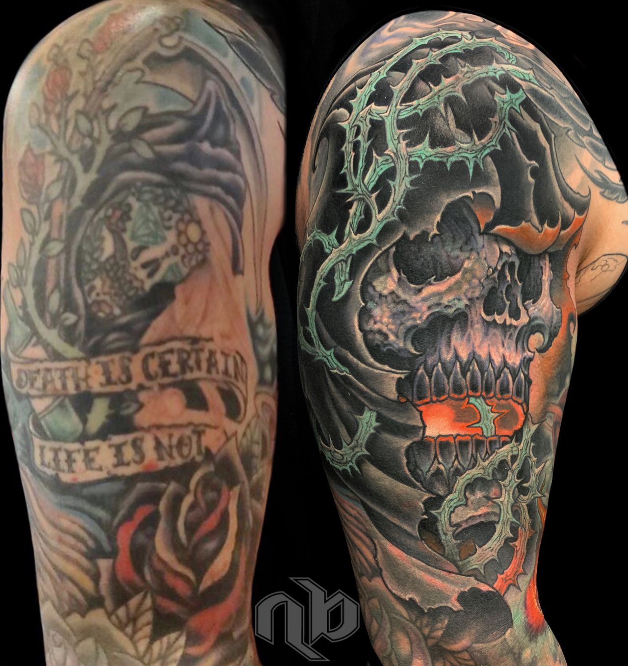 Side-by-side close views of an arm tattoo show a hooded skull encircled by green thorns, with black shading and orange highlights.