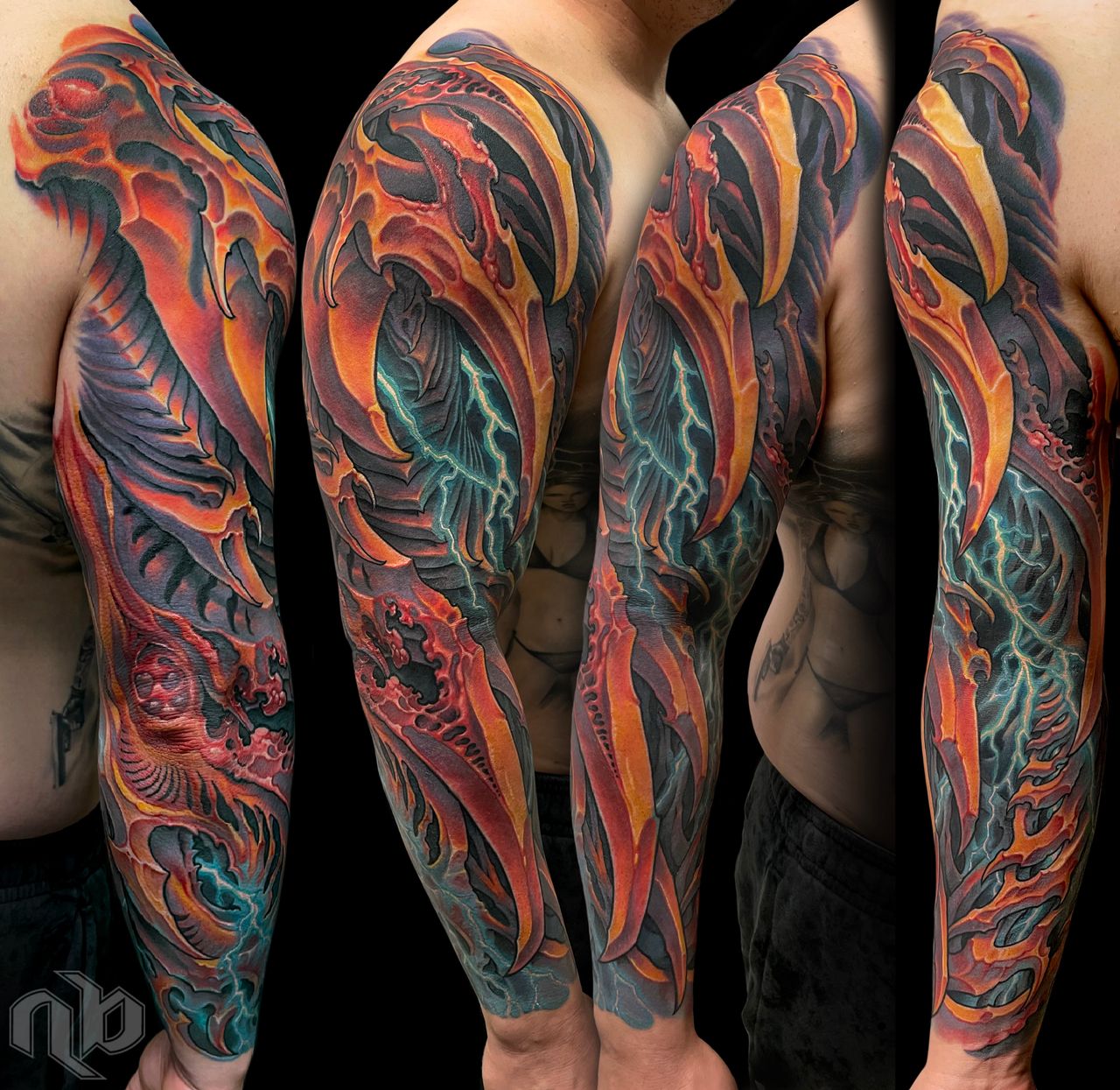 red, orange and purple abstract bio-organic full sleeve tattoo with blue glowing lightning by nick baxter in austin texas