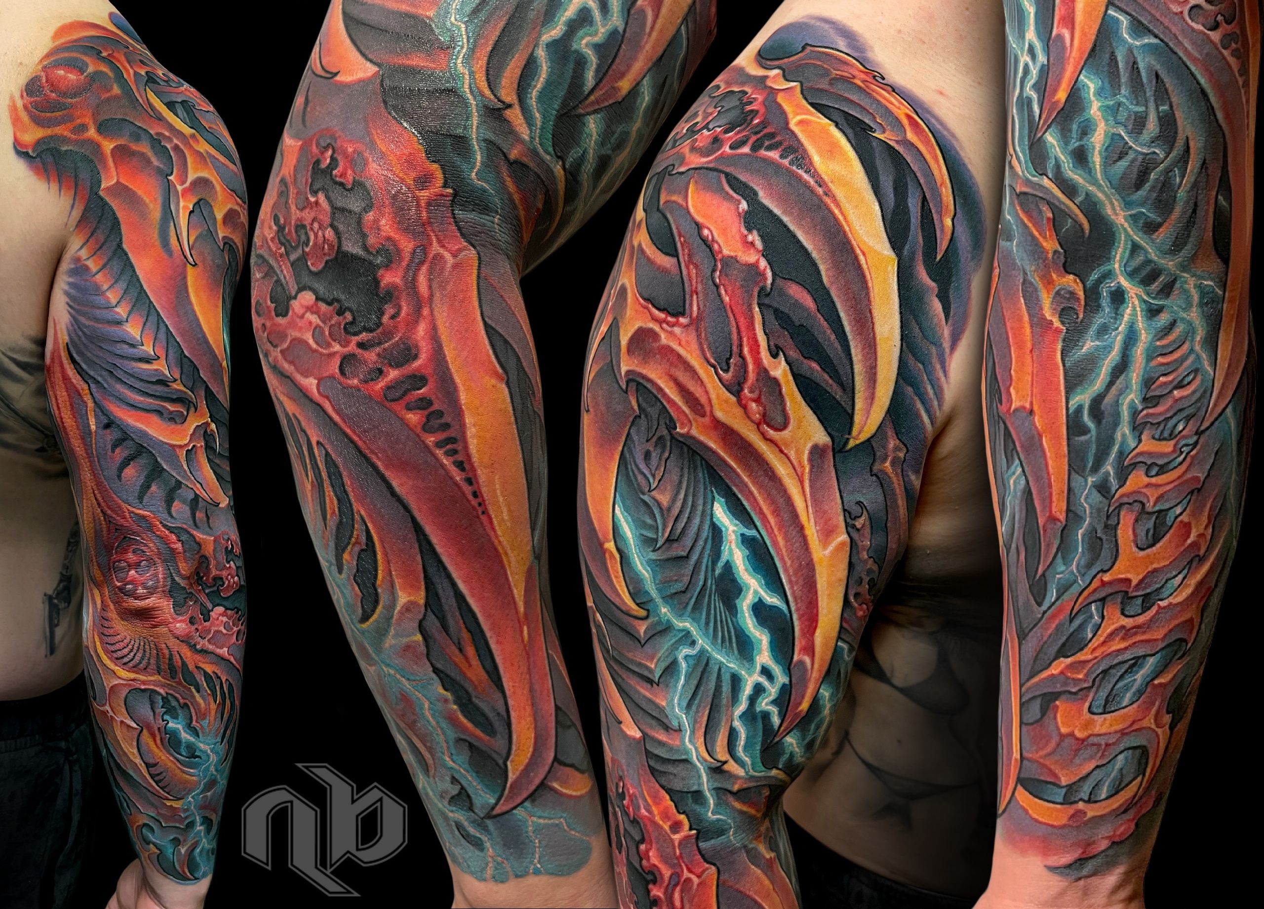 red, orange and purple abstract bio-organic full sleeve tattoo with blue glowing lightning by nick baxter in austin texas