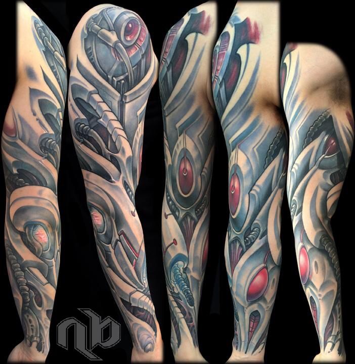 color biomechanical robot droid parts full arm sleeve by nick baxter in austin texas