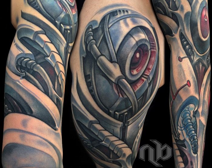 color biomechanical robot droid parts full arm sleeve by nick baxter in austin texas