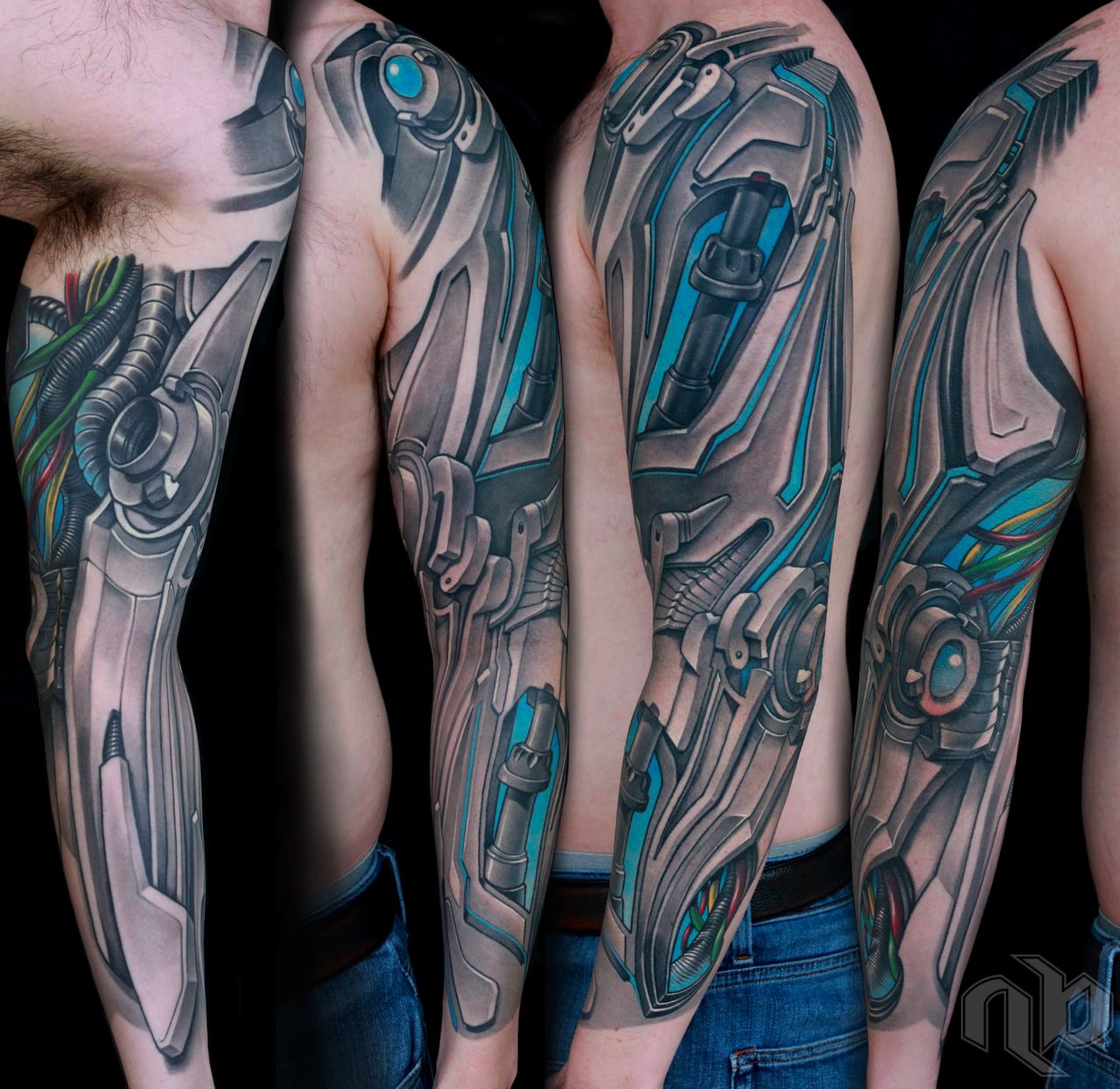 black and gray biomechanical robot droid machinery full arm sleeve tattoo with glowing blue background by nick baxter in austin texas